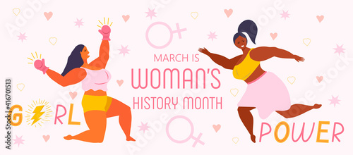 Woman history month concept vector on flat style. Event is celebrated in March in USA, United Kingdom, Australia. Girl power and feminism illustration for web, poster, banner.
