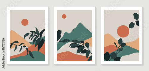Mountain and Botanical wall art vector set. Earth tones landscapes wallpaper. Oasis Tropical backgrounds collection with mountain, sand, palm,Twigs leaf, moon or sun. Vector illustration.