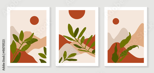 Mountain and Botanical wall art vector set. Earth tones landscapes wallpaper. Oasis Tropical backgrounds collection with mountain, sand, palm,Twigs leaf, moon or sun. Vector illustration.