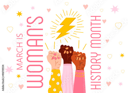 Woman history month concept vector on flat style. Event is celebrated in March in USA, United Kingdom, Australia. Girl power and feminism illustration for web, poster, banner.
