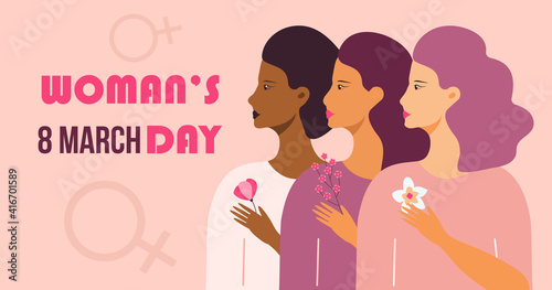 Woman's day concept vector on flat style. Event is celebrated in 8th March Girl power and feminism illustration for web. Diverse races society. Women's friendship