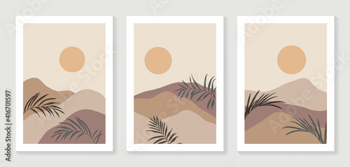Mountain and Botanical wall art vector set. Earth tones landscapes wallpaper. Oasis Tropical backgrounds collection with mountain, sand, palm,Twigs leaf, moon or sun. Vector illustration. © TWINS DESIGN STUDIO