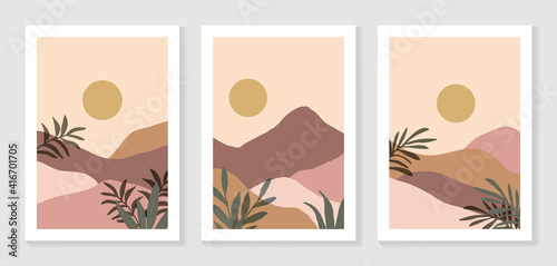 Mountain and Botanical wall art vector set. Earth tones landscapes wallpaper. Oasis Tropical backgrounds collection with mountain, sand, palm,Twigs leaf, moon or sun. Vector illustration.