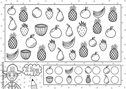 I spy game coloring page for kids. Find and count fruits. Search the same object black and white puzzle. How many elements are there. Vector illustration