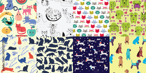 Seamless patterns with Different doodle cats and dogs