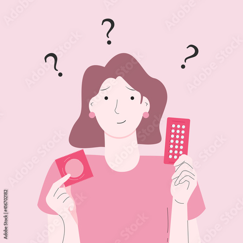 A woman confused about choosing the birth control pill and the condom.