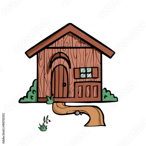 Wooden house on white background Cute Cartoon Vector illustration. 