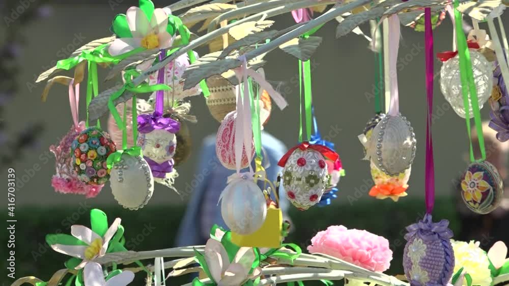 exhibition of Easter eggs on the street in the city. Easter eggs. Uzhhorod. Ukraine. April 15, 2020.
