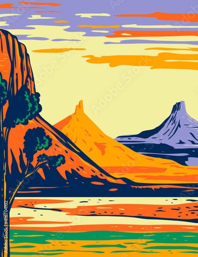 WPA poster art of the North and South Six Shooter Peak in Bears Ears National Monument located in San Juan County in southeastern Utah in works project administration or federal art project style.