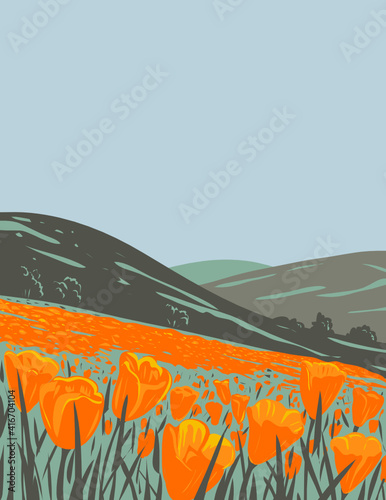 WPA poster art of the Berryessa Snow Mountain National Monument in California Coast Ranges in Napa, Yolo, Solano, Lake, Colusa, Glenn and Mendocino counties in works project administration style.