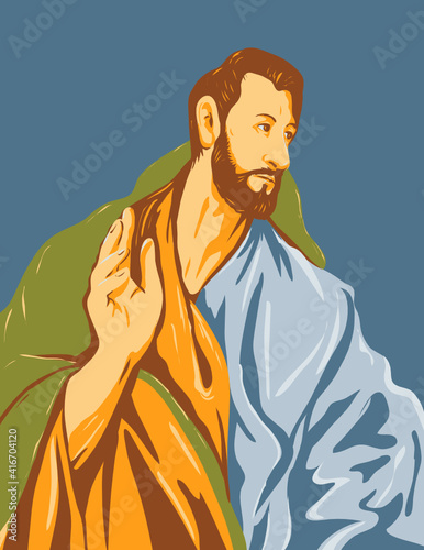 WPA Poster Art Interpretation of the artwork of 16th century Spanish Renaissance artist, El Greco entitled Saint Thomas the Apostle circa 1608 done in Works Project Administration Style.