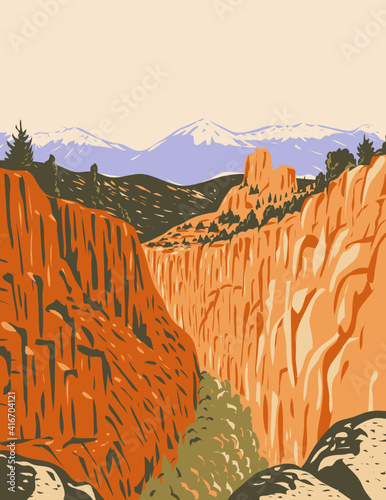 WPA poster art of the Browns Canyon National Monument encompassing canyons and forests in Arkansas River Valley and the Sawatch Range in Chaffee County Colorado in works project administration style.
 photo
