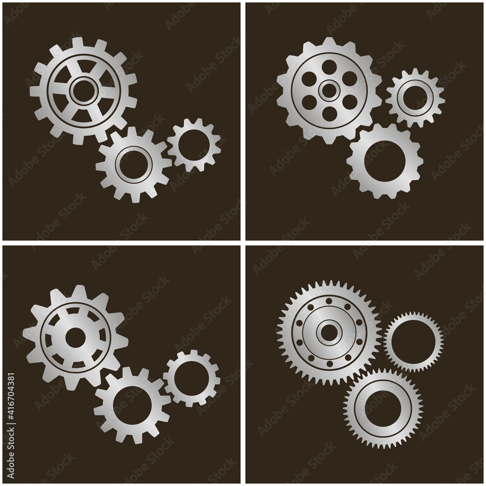 Metal gears set. Factory gears vector icon. Mechanical gear. The image of the gear. Machine gear. Cogwheel gear Metal gears set. Factory gears vector icon. Mechanical gear. The image of the gear. Machine gear. Cogwheel gear