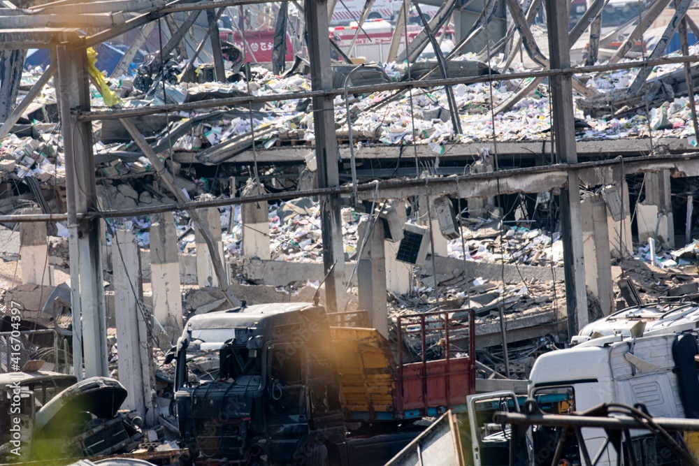 Fototapeta premium damage to warehouses and equipment at the Beirut port after an explosion in August 2020