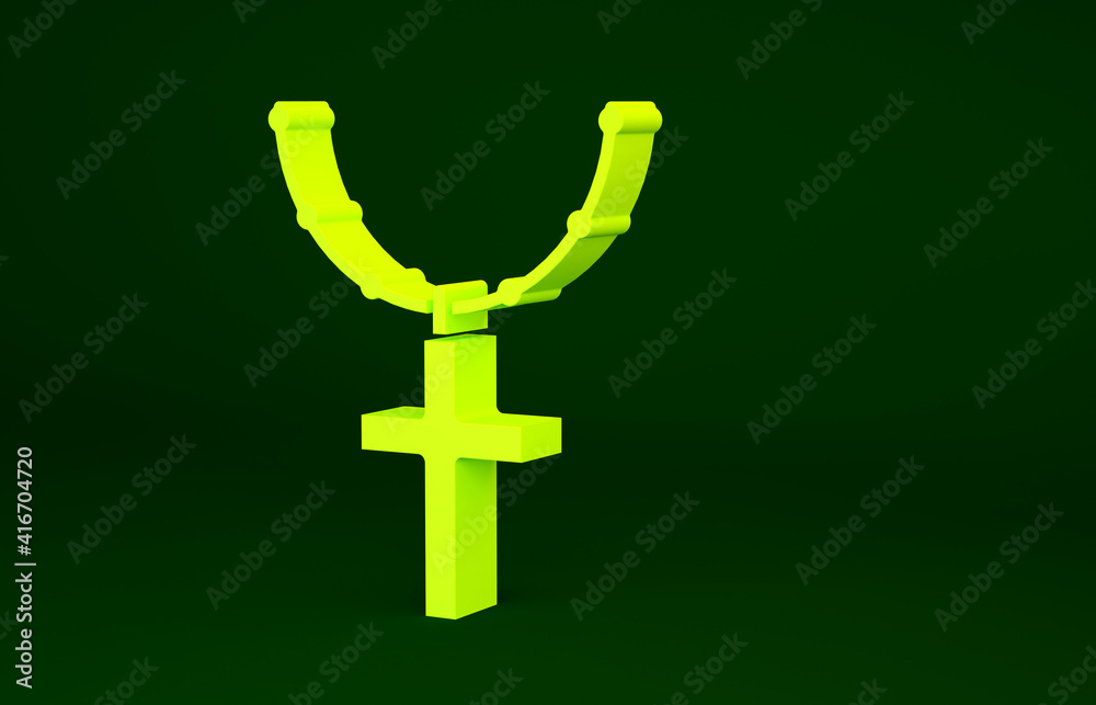 Yellow Christian cross on chain icon isolated on green background. Church cross. Minimalism concept. 3d illustration 3D render. Yellow Christian cross on chain icon isolated on green background. Church cross. Minimalism concept. 3d illustration 3D render.