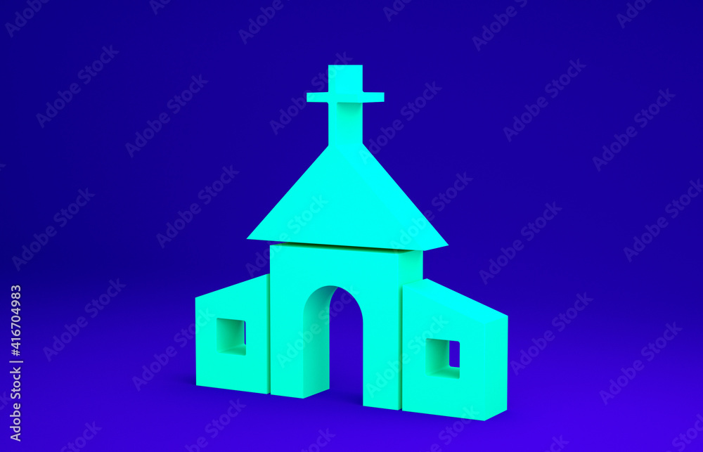 Green Church building icon isolated on blue background. Christian Church. Religion of church. Minimalism concept. 3d illustration 3D render.