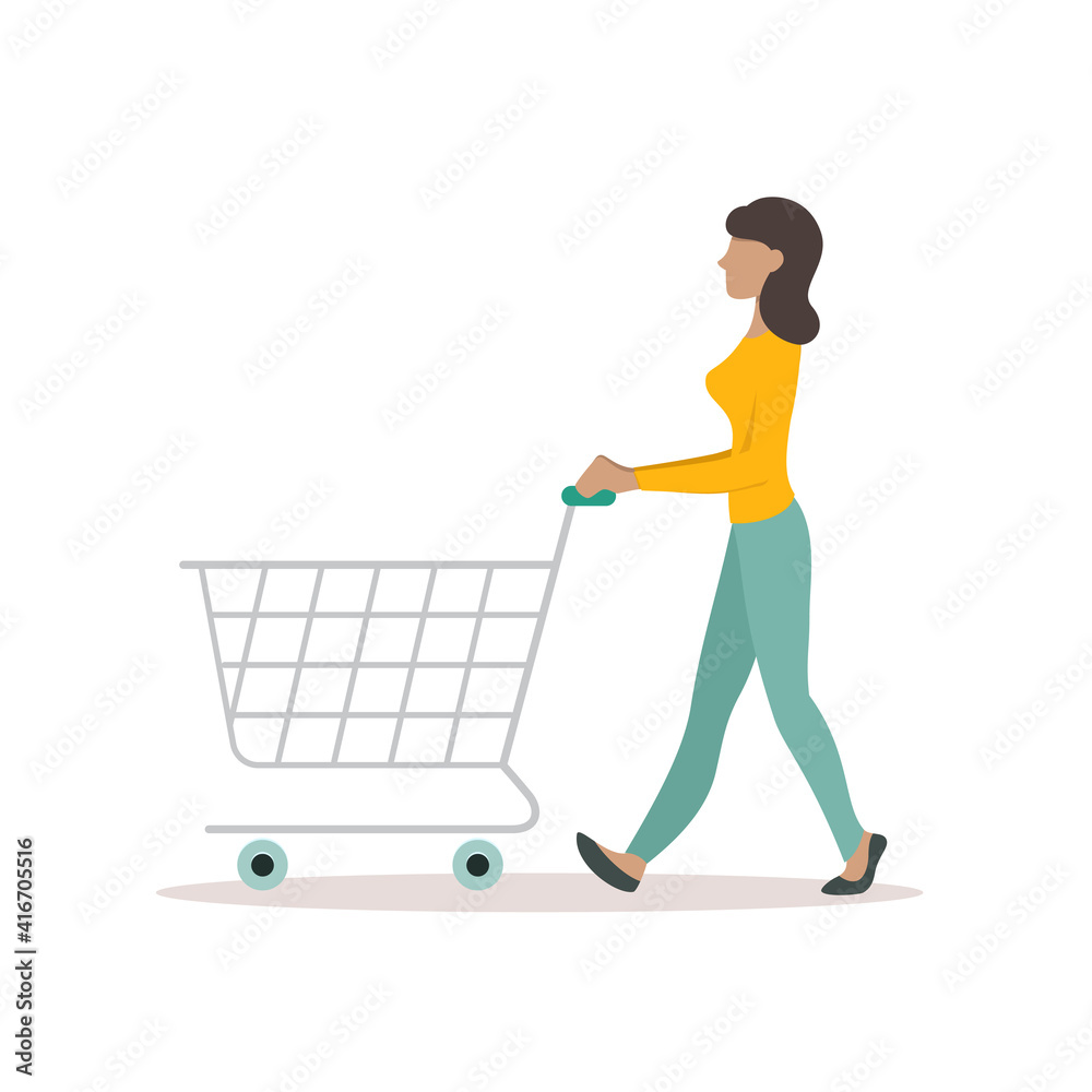 The girl goes shopping. Flat illustration of a girl in yellow jumper pushing an empty shopping cart. Vector 10 EPS.
The girl goes shopping. Flat illustration of a girl in yellow jumper pushing an empty shopping cart. Vector 10 EPS.