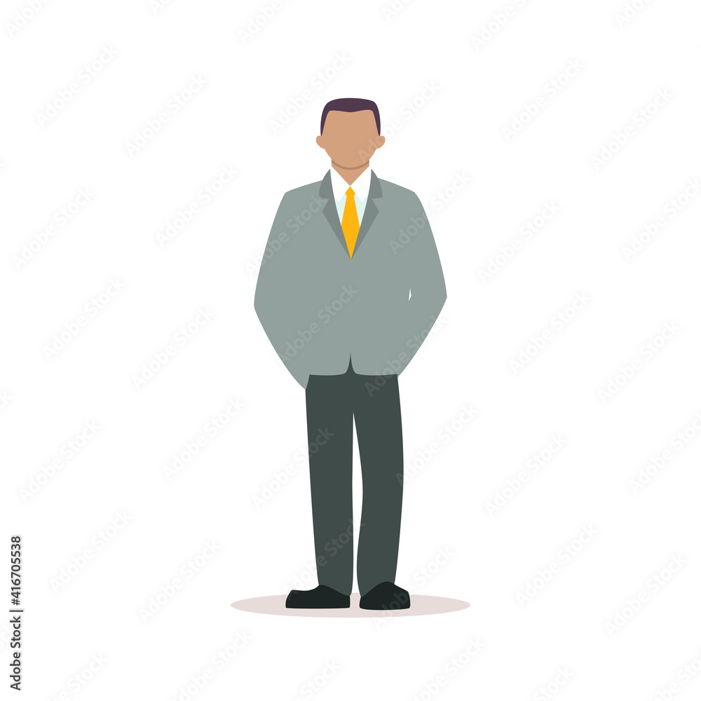 Portrait of a man. Flat illustration of a man in gray suit holding hands in his pants pockets. Vector 10 EPS. Portrait of a man. Flat illustration of a man in gray suit holding hands in his pants pockets. Vector 10 EPS.