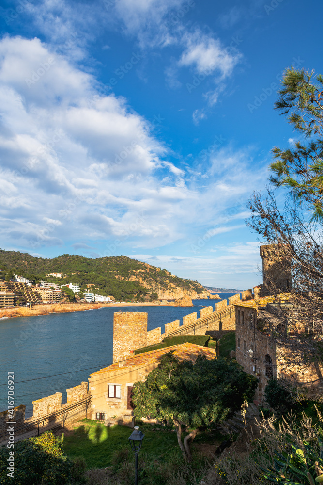 View of the beach of Tossa de Mar from the top of the medieval fortress in Tossa de Mar, Spain, Cataloya, Costa Brava.