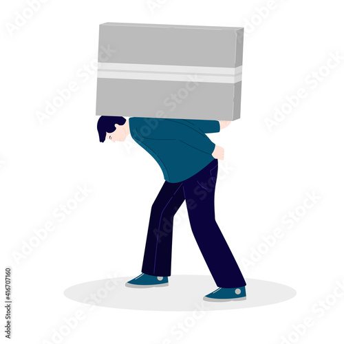 A tired man, bent over heavily, carries a large heavy box on his back. The concept of a person overloaded with problems or tasks. Vector illustration.