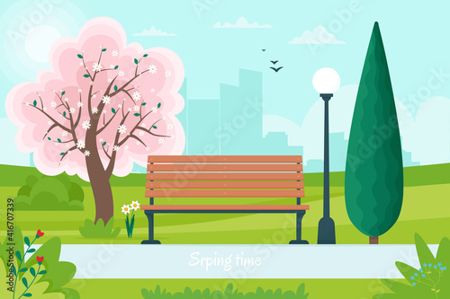 Spring landscape with bench in the park and a flowering tree. Vector illustration in flat style