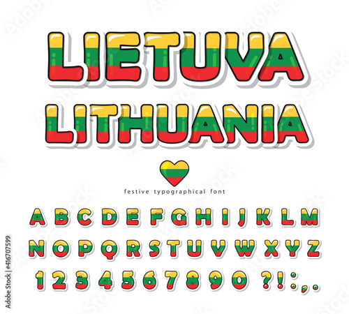 Lithuania cartoon font. Lithuanian national flag colors. Paper cutout glossy ABC letters and numbers. Bright alphabet for tourism design. Vector