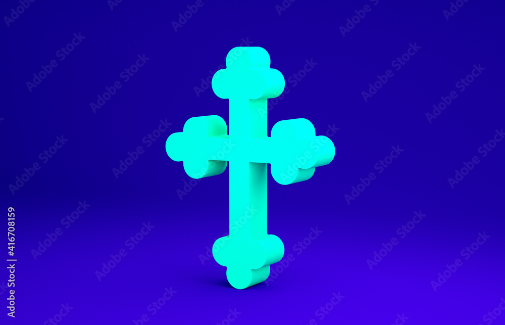 Green Christian cross icon isolated on blue background. Church cross. Minimalism concept. 3d illustration 3D render. Green Christian cross icon isolated on blue background. Church cross. Minimalism concept. 3d illustration 3D render.