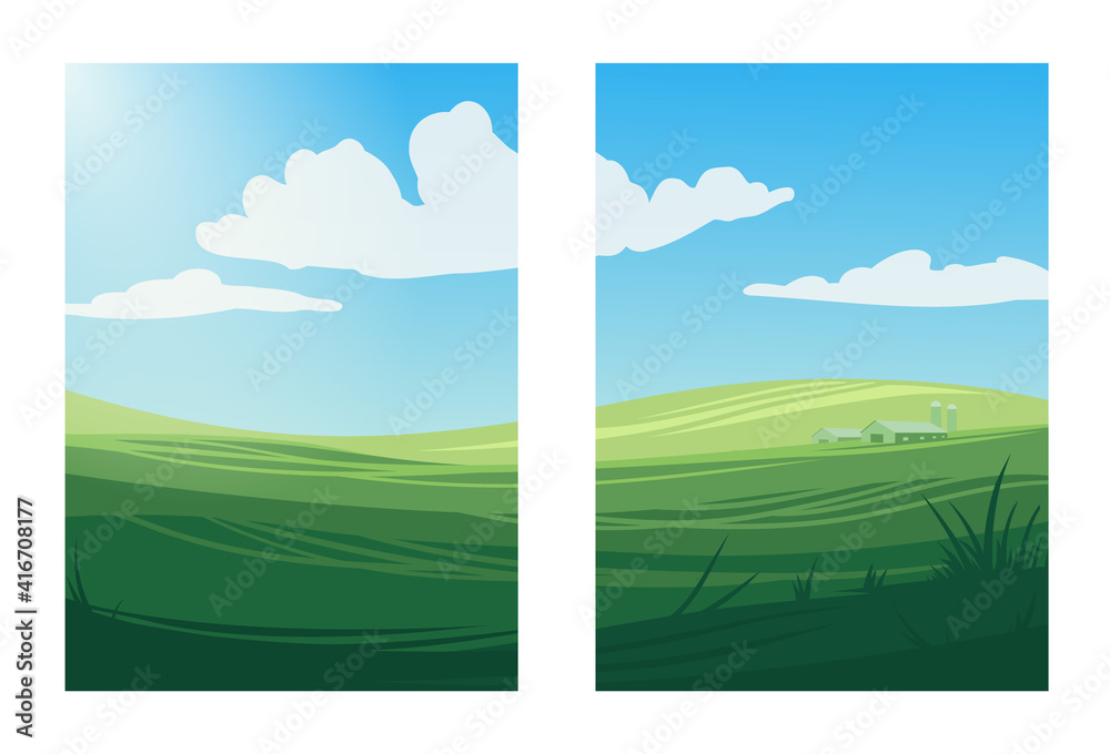 Two vector vertical illustrations of fields and meadows in bright sunny day with farm or barn on the background. Rural nature landscape.