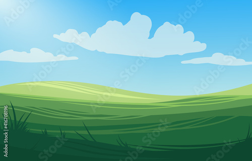 Horizontal vector illustration of fields and meadows in bright sunny day. Panorama scenery of rural nature landscape.
