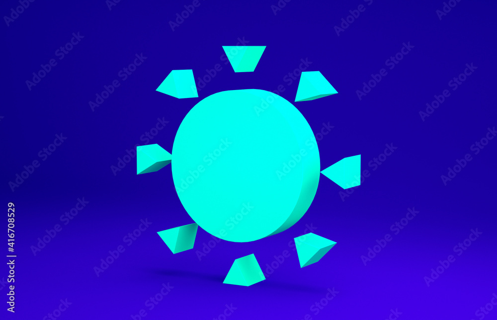 Green Sun icon isolated on blue background. Summer symbol. Good sunny day. Minimalism concept. 3d illustration 3D render.