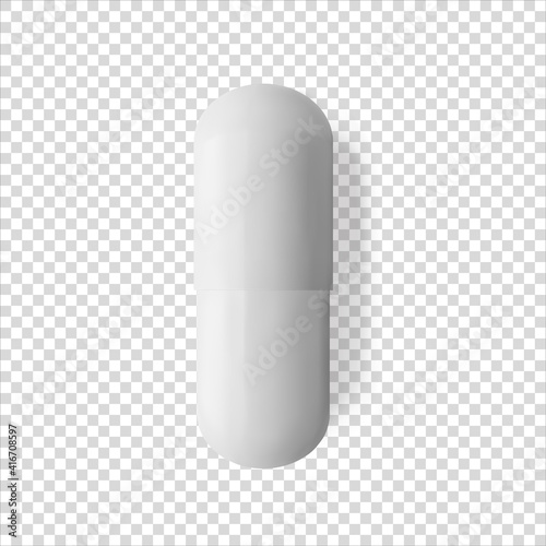 White capsule pill realistic vector illustration. Сloseup isolated medicament. Healthcare and medicine. Painkiller or antibiotic mockup
