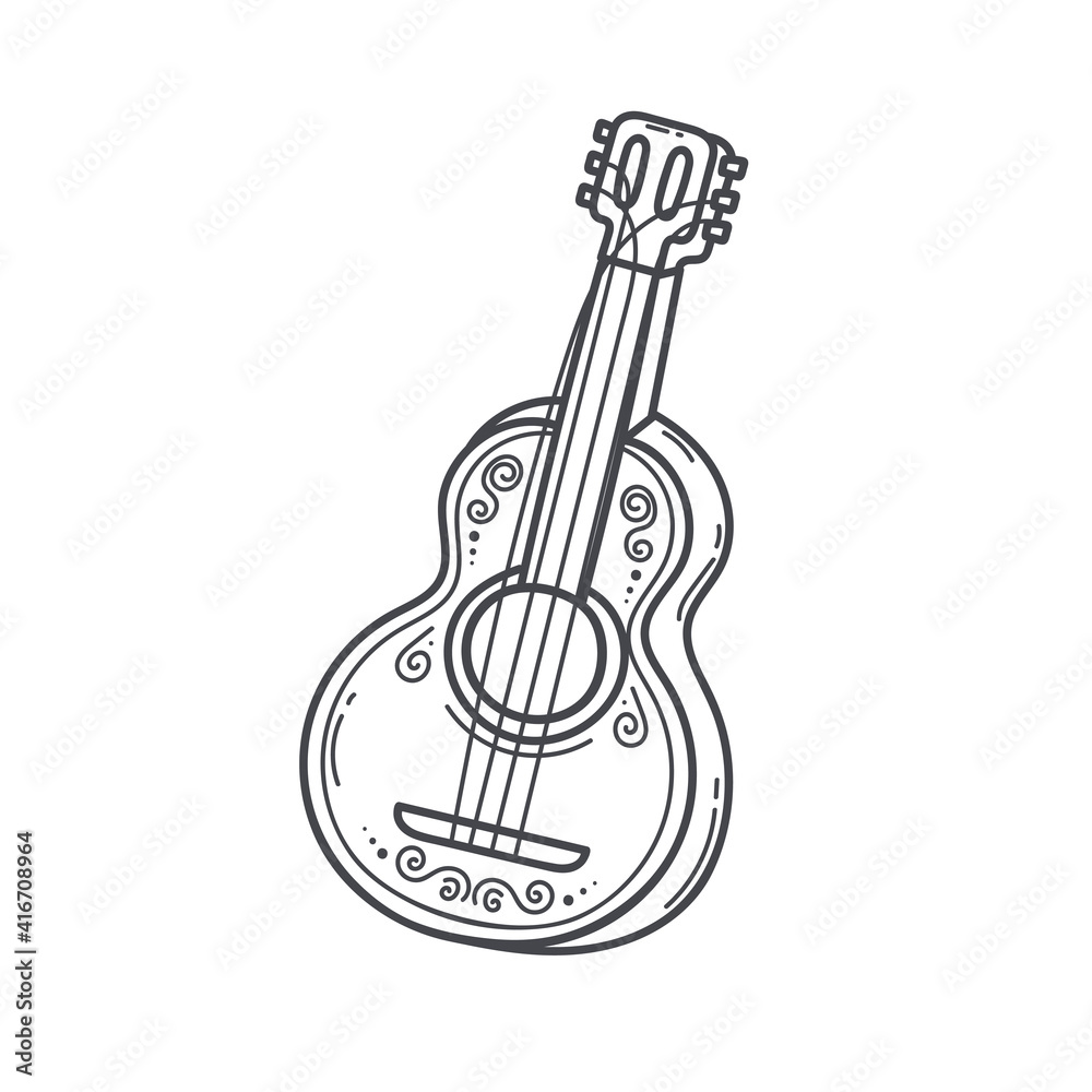 doodle decorated acoustic guitar in sketch style. hand drawn musical instrument.vector illustration.