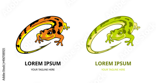 lizard with a curled tail in the form of a fishing hook on a white background. Logo concept for a fishing shop. Vector, illustration