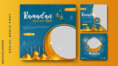 Set of social media template elegant luxury ramadan kareem with mosque, cescent moon and stars