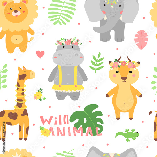 Vector Seamless Pattern with Cute Safari African Animals and Leaves.Hand Drawn Ornament with Wild Adorable Animals in Flat style.Baby Illustration for Textile,Print,Wrapping Paper,Wallpaper,Design.