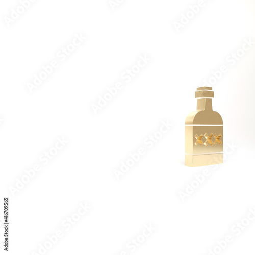 Gold Tequila bottle icon isolated on white background. Mexican alcohol drink. 3d illustration 3D render.