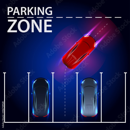 Smart car is automatically parked in the Parking lot, the view from the top. Parking Assist system security scans the road. Car Neon Logo Abstract Lines Template. Vector illustration
