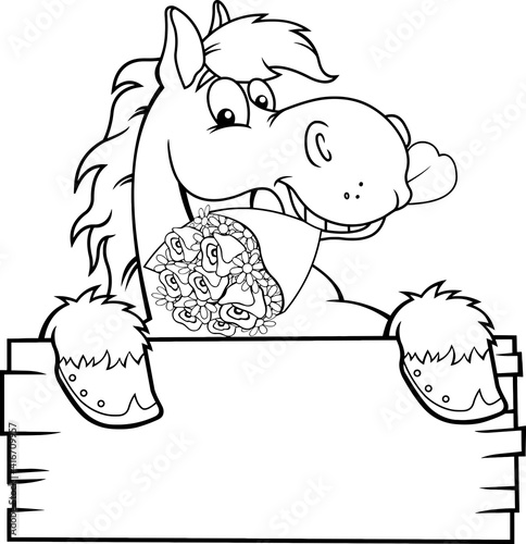 Outlined Horse Cartoon Character Over A Blank Wood Sign Grabbed Bouquet. Vector Illustration Isolated On Transparent Background