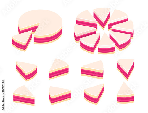 Pieces of pie cake infographics. Cut whole cake and its slice parts split up. Isometric view. Vector illustration set.