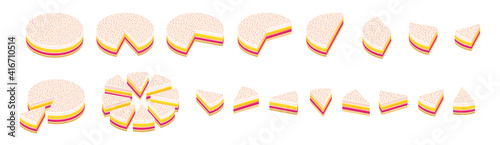 Slice of pie. Pieces pink cake infographics set. The whole cake and its parts. Isometric view vector illustration.
