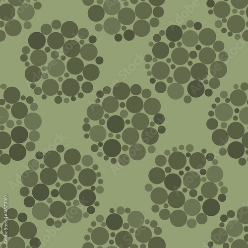 Abstract allium flower seedhead seamless vector pattern background. Small seeds within large circle sphere shapes monochrome sage green backdrop. Geometric retro floral botanical repeat for wellbeing