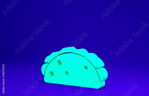 Green Taco with tortilla icon isolated on blue background. Traditional mexican fast food menu. Minimalism concept. 3d illustration 3D render.