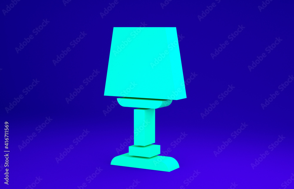 Green Table lamp icon isolated on blue background. Desk lamp. Minimalism concept. 3d illustration 3D render. Green Table lamp icon isolated on blue background. Desk lamp. Minimalism concept. 3d illustration 3D render.