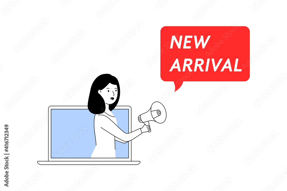 laptop, girl with loudspeaker, speech bubble new arrival laptop, girl with loudspeaker, speech bubble new arrival