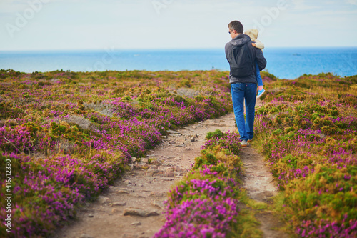 Man and toddler girl walking in heather meadows on Cape d'Erquy in Brittany, France