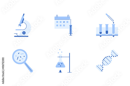 blue flat laboratory research icons set