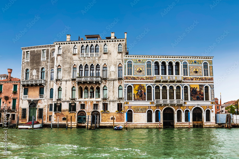 Italy, Venice. View of Palazzo Barbarigo (15th century), building on the right, from the Grand Canal