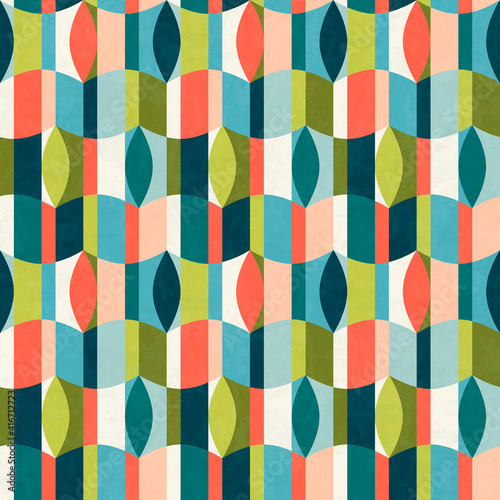 Abstract geometric seamless pattern in mid-century modern colors, vector illustration with texture