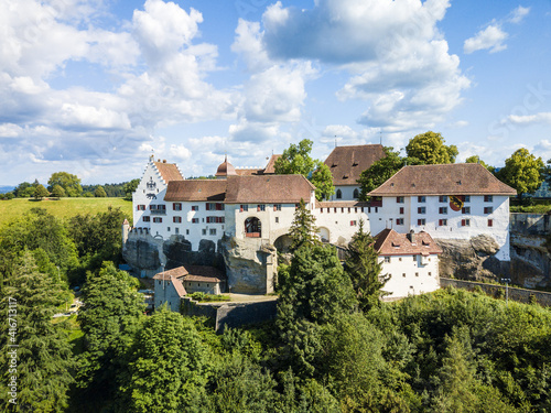 Aerial drone image of Lenzburg castle, built in the 11 century, in Canton Aargau, Switzerland © Yü Lan