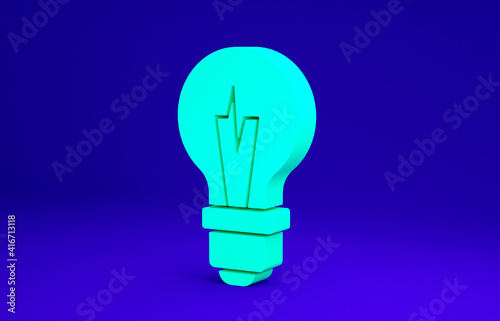 Green Light bulb with concept of idea icon isolated on blue background. Energy and idea symbol. Inspiration concept. Minimalism concept. 3d illustration 3D render.